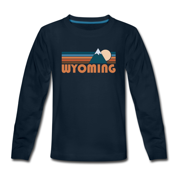 Wyoming Youth Long Sleeve Shirt - Retro Mountain Youth Long Sleeve Wyoming Tee - deep navy