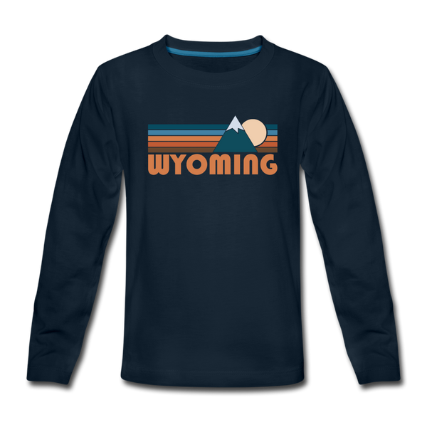 Wyoming Youth Long Sleeve Shirt - Retro Mountain Youth Long Sleeve Wyoming Tee - deep navy