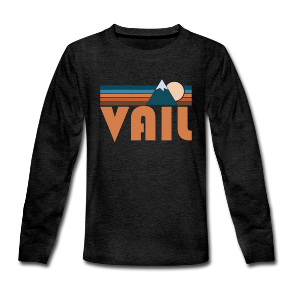 Vail, Colorado Youth Long Sleeve Shirt - Retro Mountain Youth Long Sleeve Vail Tee - charcoal gray