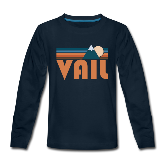 Vail, Colorado Youth Long Sleeve Shirt - Retro Mountain Youth Long Sleeve Vail Tee - deep navy
