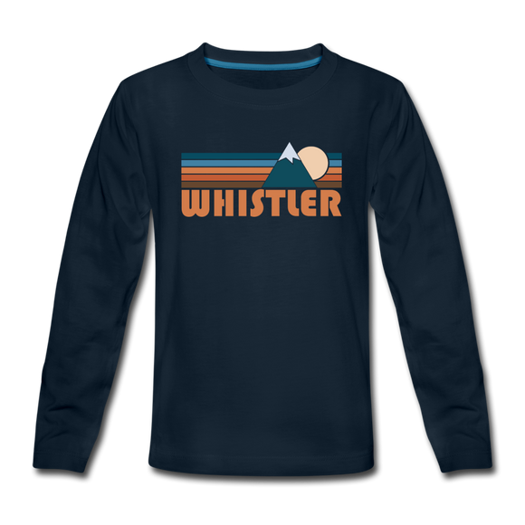 Whistler, Canada Youth Long Sleeve Shirt - Retro Mountain Youth Long Sleeve Whistler Tee - deep navy