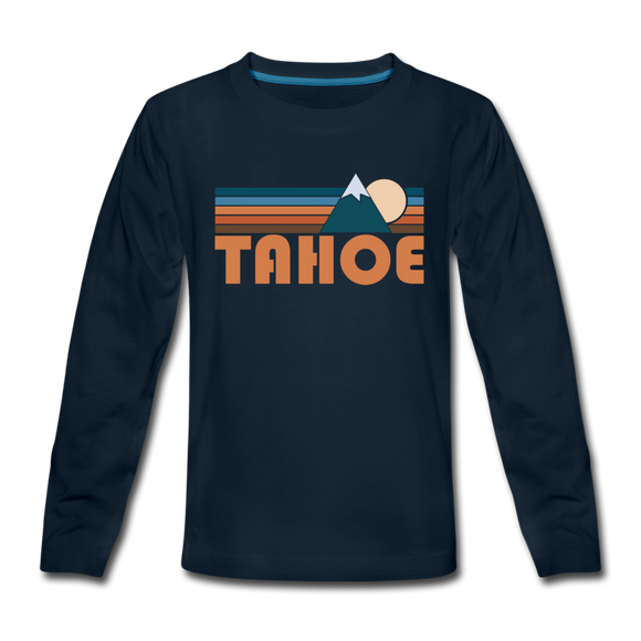 Tahoe, California Youth Long Sleeve Shirt - Retro Mountain Youth Long Sleeve Tahoe Tee - deep navy