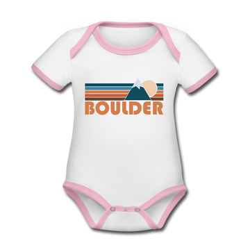 Boulder, Colorado Baby Bodysuit - Organic Retro Mountain Boulder Baby Bodysuit - white/pink