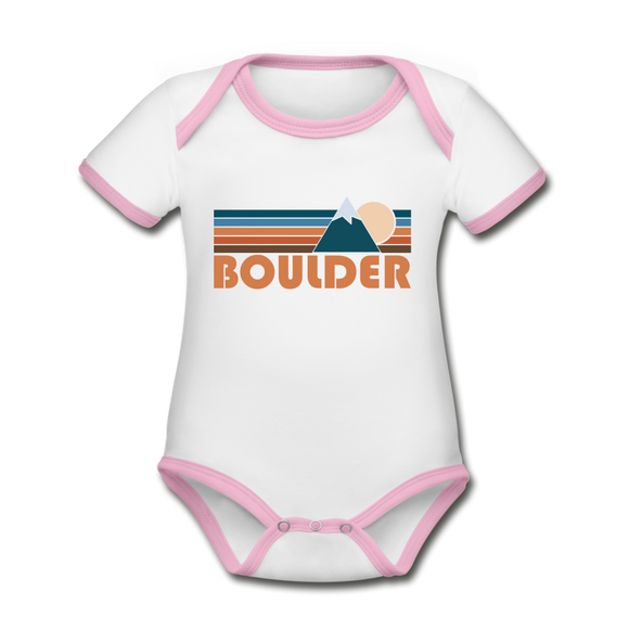 Boulder, Colorado Baby Bodysuit - Organic Retro Mountain Boulder Baby Bodysuit - white/pink