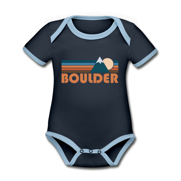 Boulder, Colorado Baby Bodysuit - Organic Retro Mountain Boulder Baby Bodysuit - navy/sky