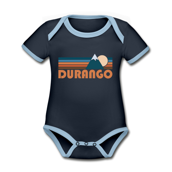 Durango, Colorado Baby Bodysuit - Organic Retro Mountain Durango Baby Bodysuit - navy/sky