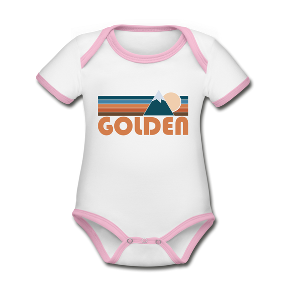 Golden, Colorado Baby Bodysuit - Organic Retro Mountain Golden Baby Bodysuit - white/pink