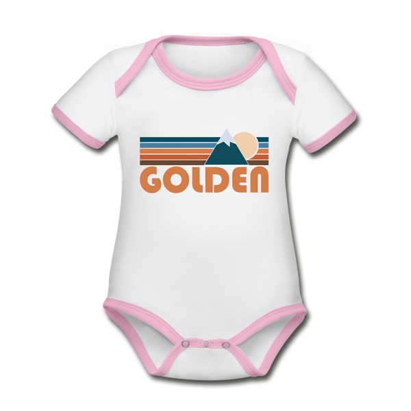 Golden, Colorado Baby Bodysuit - Organic Retro Mountain Golden Baby Bodysuit - white/pink