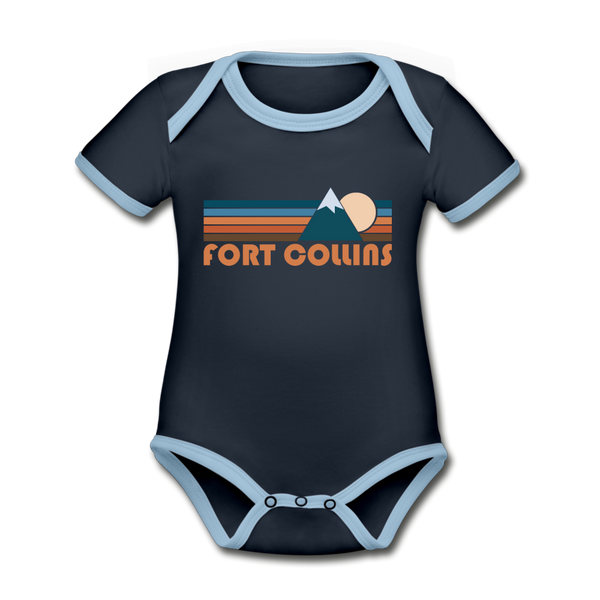 Fort Collins, Colorado Baby Bodysuit - Organic Retro Mountain Fort Collins Baby Bodysuit - navy/sky