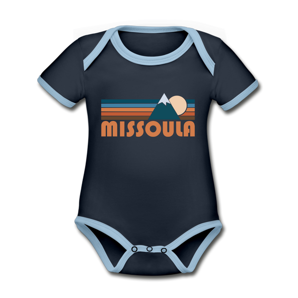 Missoula, Montana Baby Bodysuit - Organic Retro Mountain Missoula Baby Bodysuit - navy/sky