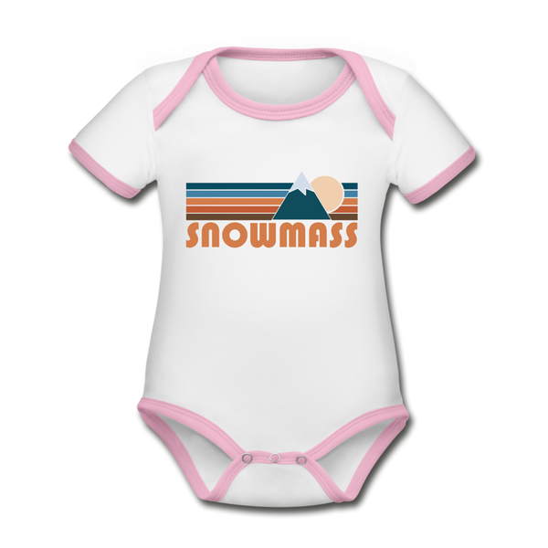 Snowmass, Colorado Baby Bodysuit - Organic Retro Mountain Snowmass Baby Bodysuit - white/pink