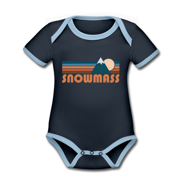 Snowmass, Colorado Baby Bodysuit - Organic Retro Mountain Snowmass Baby Bodysuit - navy/sky