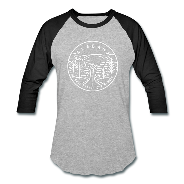 Alabama Baseball T-Shirt - Retro Mountain Unisex Alabama Raglan T Shirt - heather gray/black