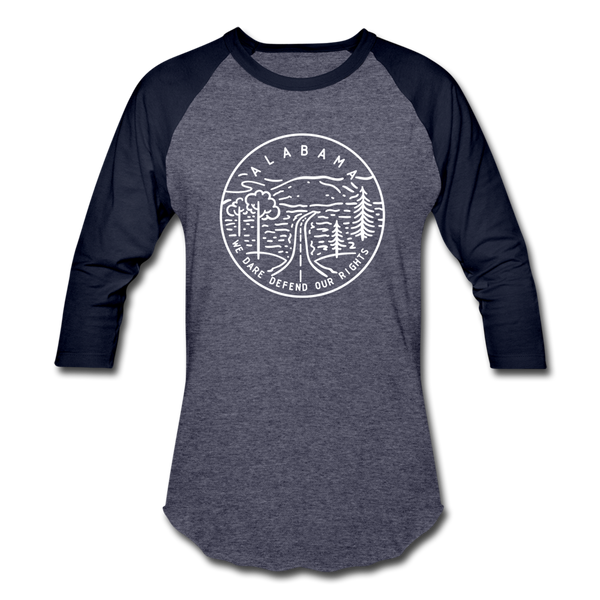 Alabama Baseball T-Shirt - Retro Mountain Unisex Alabama Raglan T Shirt - heather blue/navy