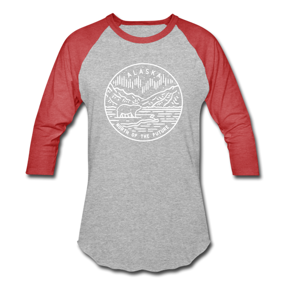 Alaska Baseball T-Shirt - Retro Mountain Unisex Alaska Raglan T Shirt - heather gray/red