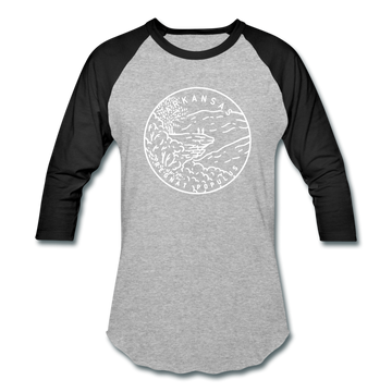 Arkansas Baseball T-Shirt - Retro Mountain Unisex Arkansas Raglan T Shirt - heather gray/black