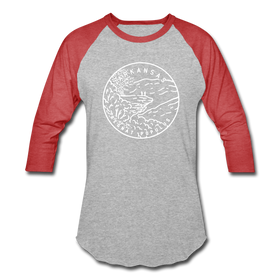 Arkansas Baseball T-Shirt - Retro Mountain Unisex Arkansas Raglan T Shirt - heather gray/red