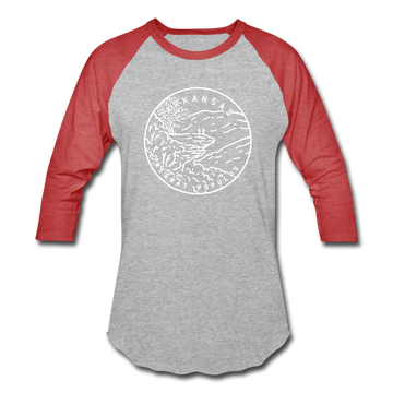 Arkansas Baseball T-Shirt - Retro Mountain Unisex Arkansas Raglan T Shirt - heather gray/red