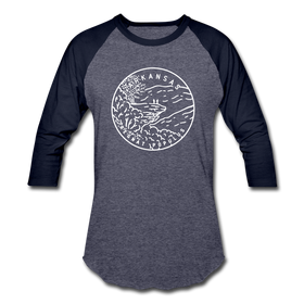 Arkansas Baseball T-Shirt - Retro Mountain Unisex Arkansas Raglan T Shirt - heather blue/navy