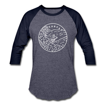 Arkansas Baseball T-Shirt - Retro Mountain Unisex Arkansas Raglan T Shirt - heather blue/navy