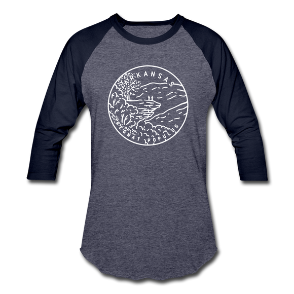 Arkansas Baseball T-Shirt - Retro Mountain Unisex Arkansas Raglan T Shirt - heather blue/navy