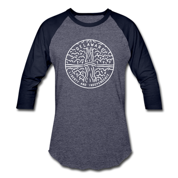 Delaware Baseball T-Shirt - Retro Mountain Unisex Delaware Raglan T Shirt - heather blue/navy