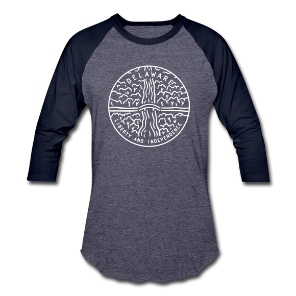 Delaware Baseball T-Shirt - Retro Mountain Unisex Delaware Raglan T Shirt - heather blue/navy