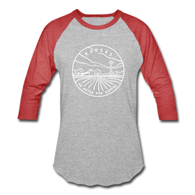 Kansas Baseball T-Shirt - Retro Mountain Unisex Kansas Raglan T Shirt - heather gray/red
