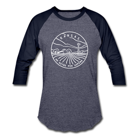 Kansas Baseball T-Shirt - Retro Mountain Unisex Kansas Raglan T Shirt - heather blue/navy