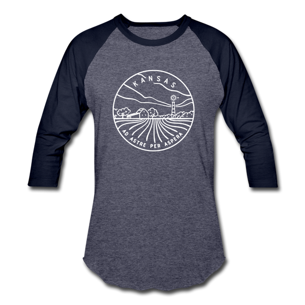 Kansas Baseball T-Shirt - Retro Mountain Unisex Kansas Raglan T Shirt - heather blue/navy