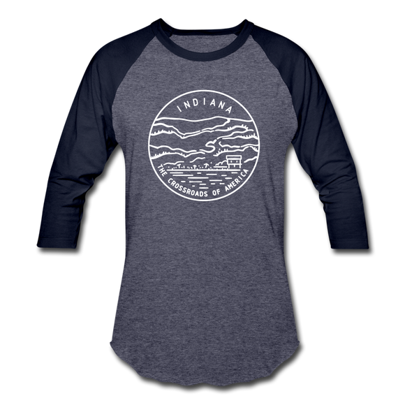 Indiana Baseball T-Shirt - Retro Mountain Unisex Indiana Raglan T Shirt - heather blue/navy
