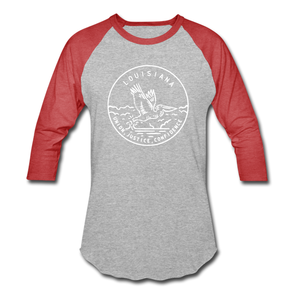 Louisiana Baseball T-Shirt - Retro Mountain Unisex Louisiana Raglan T Shirt - heather gray/red