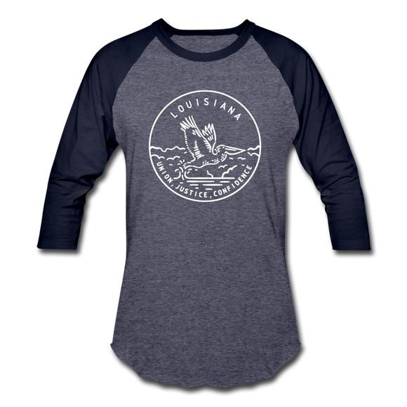 Louisiana Baseball T-Shirt - Retro Mountain Unisex Louisiana Raglan T Shirt - heather blue/navy