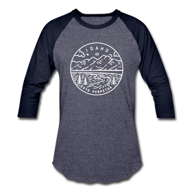 Idaho Baseball T-Shirt - Retro Mountain Unisex Idaho Raglan T Shirt - heather blue/navy