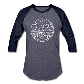 Idaho Baseball T-Shirt - Retro Mountain Unisex Idaho Raglan T Shirt - heather blue/navy
