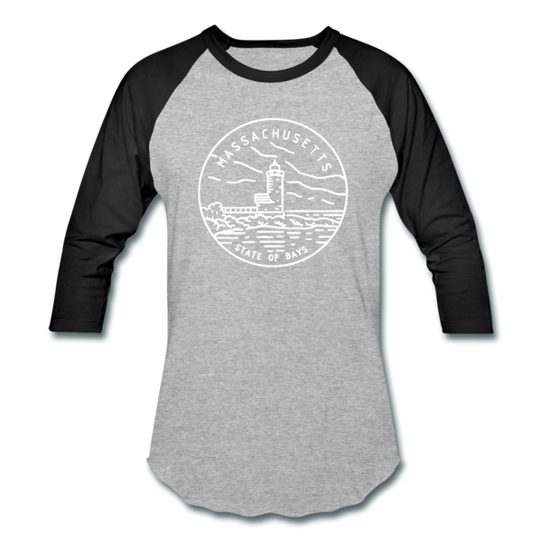 Massachusetts Baseball T-Shirt - Retro Mountain Unisex Massachusetts Raglan T Shirt - heather gray/black