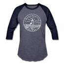 Massachusetts Baseball T-Shirt - Retro Mountain Unisex Massachusetts Raglan T Shirt - heather blue/navy