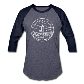 Massachusetts Baseball T-Shirt - Retro Mountain Unisex Massachusetts Raglan T Shirt - heather blue/navy