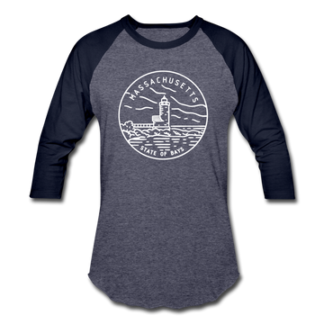 Massachusetts Baseball T-Shirt - Retro Mountain Unisex Massachusetts Raglan T Shirt - heather blue/navy