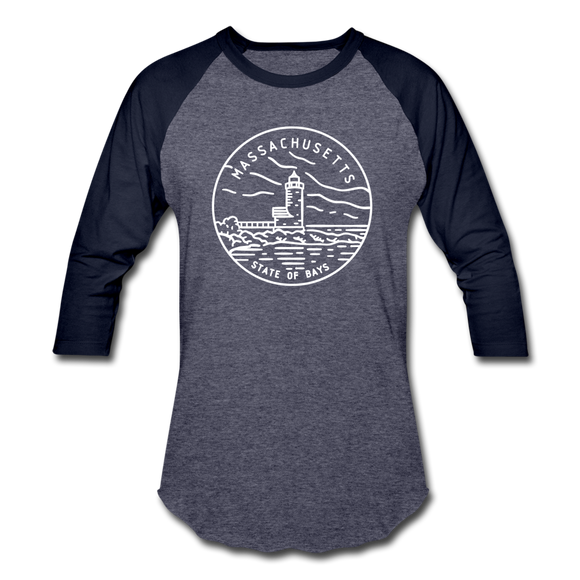 Massachusetts Baseball T-Shirt - Retro Mountain Unisex Massachusetts Raglan T Shirt - heather blue/navy