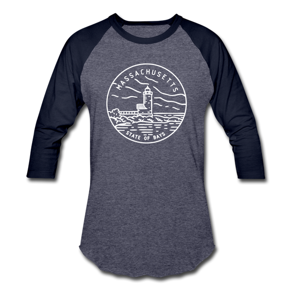 Massachusetts Baseball T-Shirt - Retro Mountain Unisex Massachusetts Raglan T Shirt - heather blue/navy