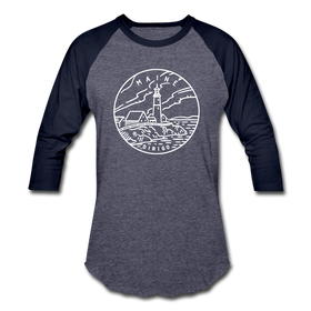 Maine Baseball T-Shirt - Retro Mountain Unisex Maine Raglan T Shirt - heather blue/navy