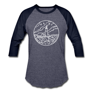 Maine Baseball T-Shirt - Retro Mountain Unisex Maine Raglan T Shirt - heather blue/navy