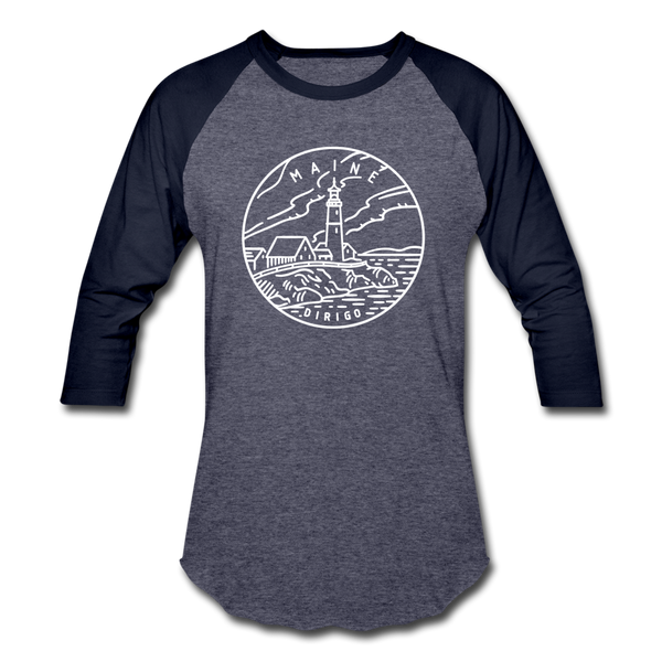 Maine Baseball T-Shirt - Retro Mountain Unisex Maine Raglan T Shirt - heather blue/navy