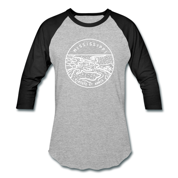 Mississippi Baseball T-Shirt - Retro Mountain Unisex Mississippi Raglan T Shirt - heather gray/black