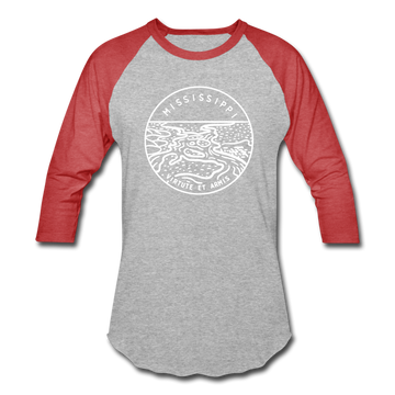 Mississippi Baseball T-Shirt - Retro Mountain Unisex Mississippi Raglan T Shirt - heather gray/red