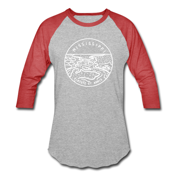 Mississippi Baseball T-Shirt - Retro Mountain Unisex Mississippi Raglan T Shirt - heather gray/red