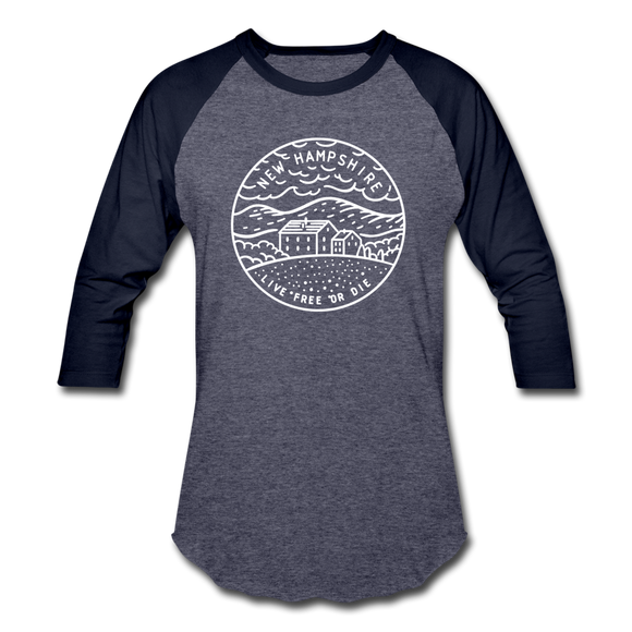 New Hampshire Baseball T-Shirt - Retro Mountain Unisex New Hampshire Raglan T Shirt - heather blue/navy