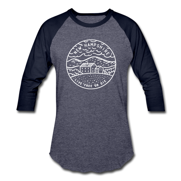 New Hampshire Baseball T-Shirt - Retro Mountain Unisex New Hampshire Raglan T Shirt - heather blue/navy