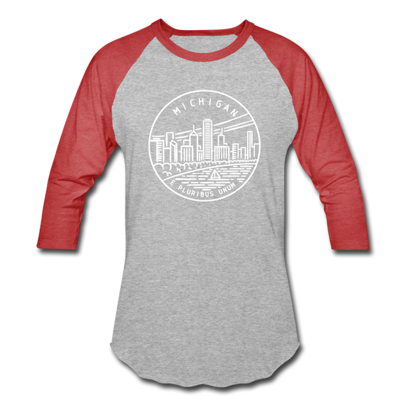Michigan Baseball T-Shirt - Retro Mountain Unisex Michigan Raglan T Shirt - heather gray/red